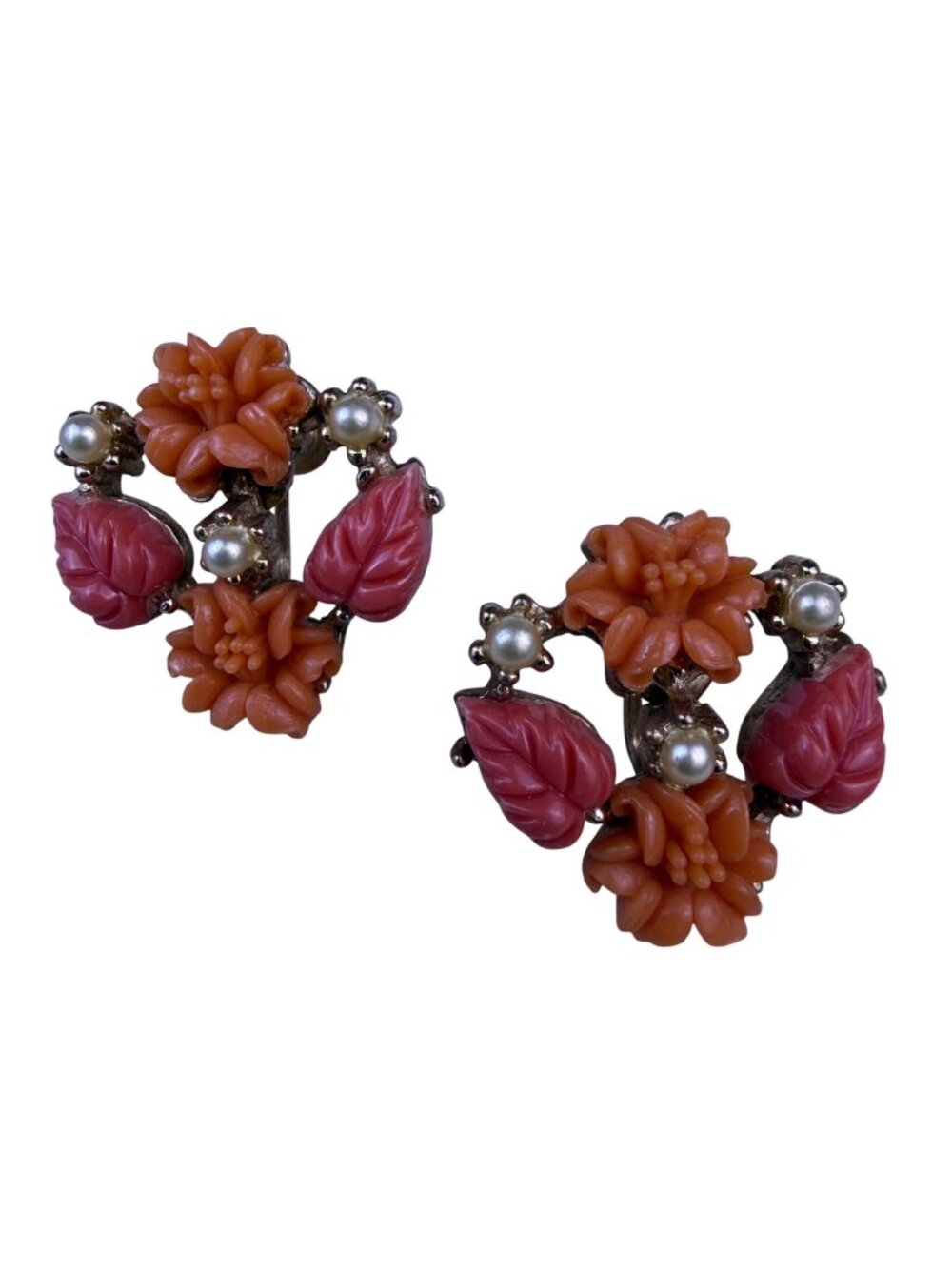 Vintage Womens Orange & Red Celluloid Floral Screw Back Earrings